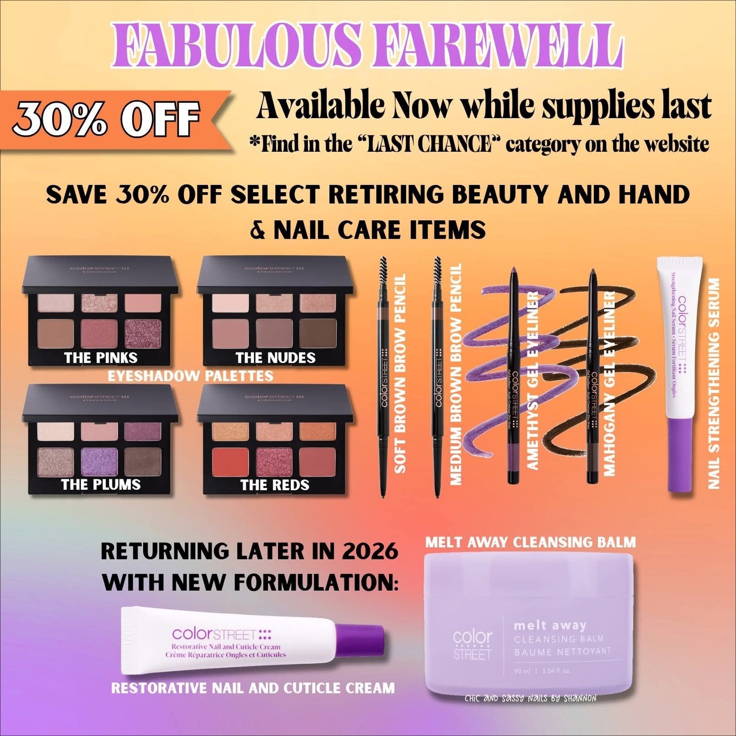 🚨 FABULOUS FAREWELL SALE 🚨

Several beauty favorites are currently 30% OFF before retirement 👀✨

Including:
💄 palettes
✏️ brow pencils
✨ gel liners
💅 Nail Strengthening Serum
🧼 Melt Away Cleansing Balm

And if you know me… you already know the cleansing balm + nail serum are two of my favorites 😅💛