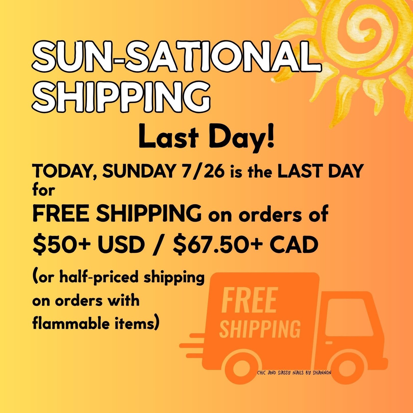 ⏰ Last Chance!

Today is your final day to enjoy FREE SHIPPING on qualifying orders of $50 or more!

It's also a great time to grab:

🌺 Birds of Paradise
🎃 Summer Screams
💅 Summer favorites
💄 Beauty essentials

Need help building the perfect order? Just send me a message!
